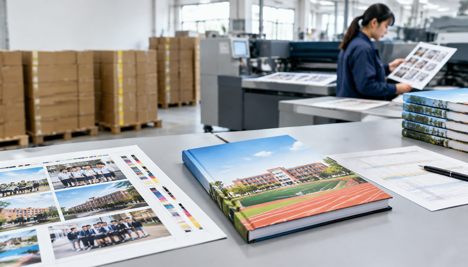Finished yearbook, page proofs and shipping cartons in a commercial printing factory