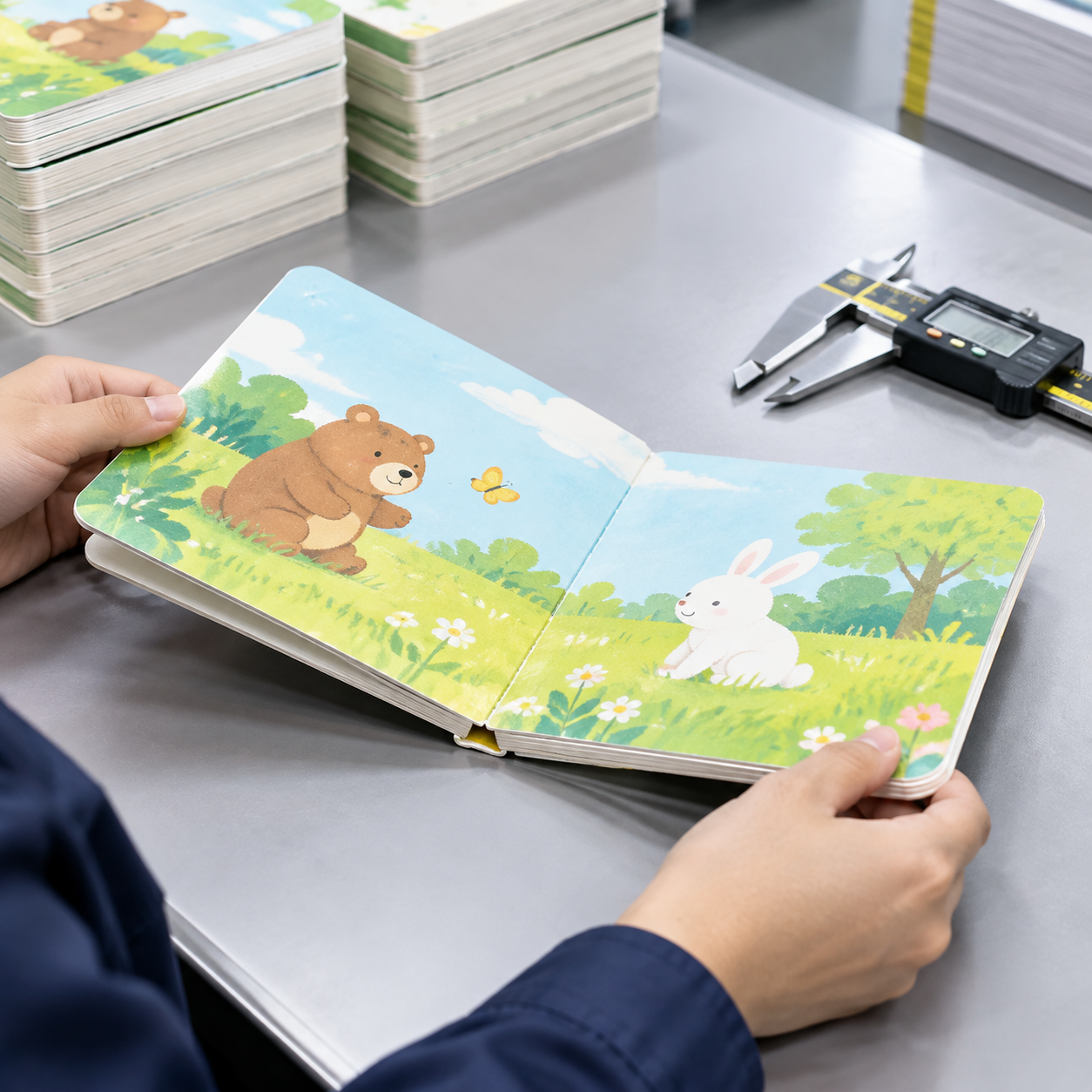 Close-up of board book leaf thickness, binding joints, and rounded corners
