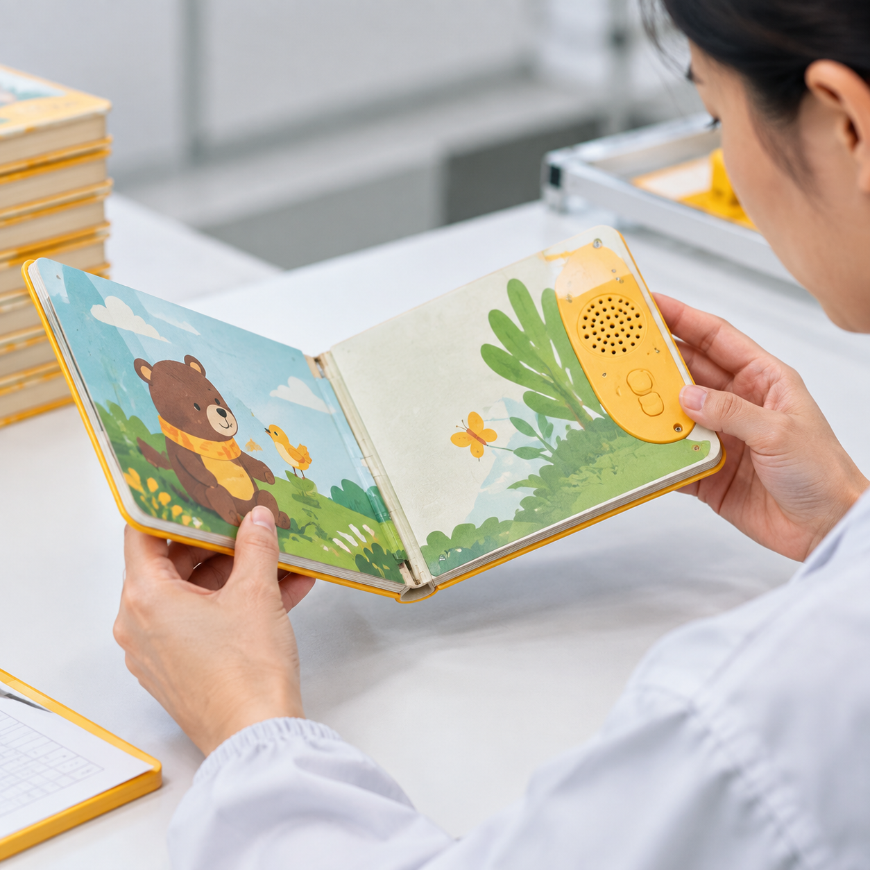 Board book hinge and sound module area under durability inspection