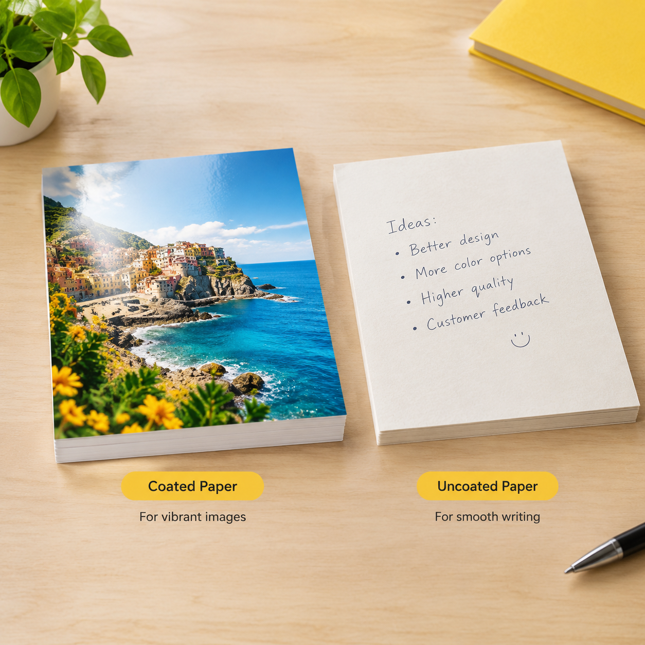 Coated paper for images versus uncoated paper for writing