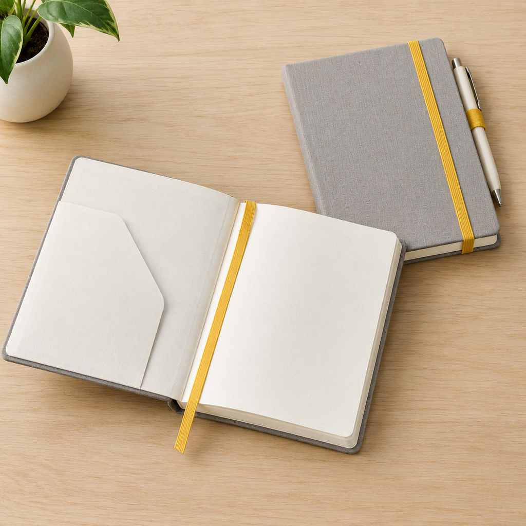 Hardcover journal samples with a ribbon, rear pocket, elastic closure, and pen loop