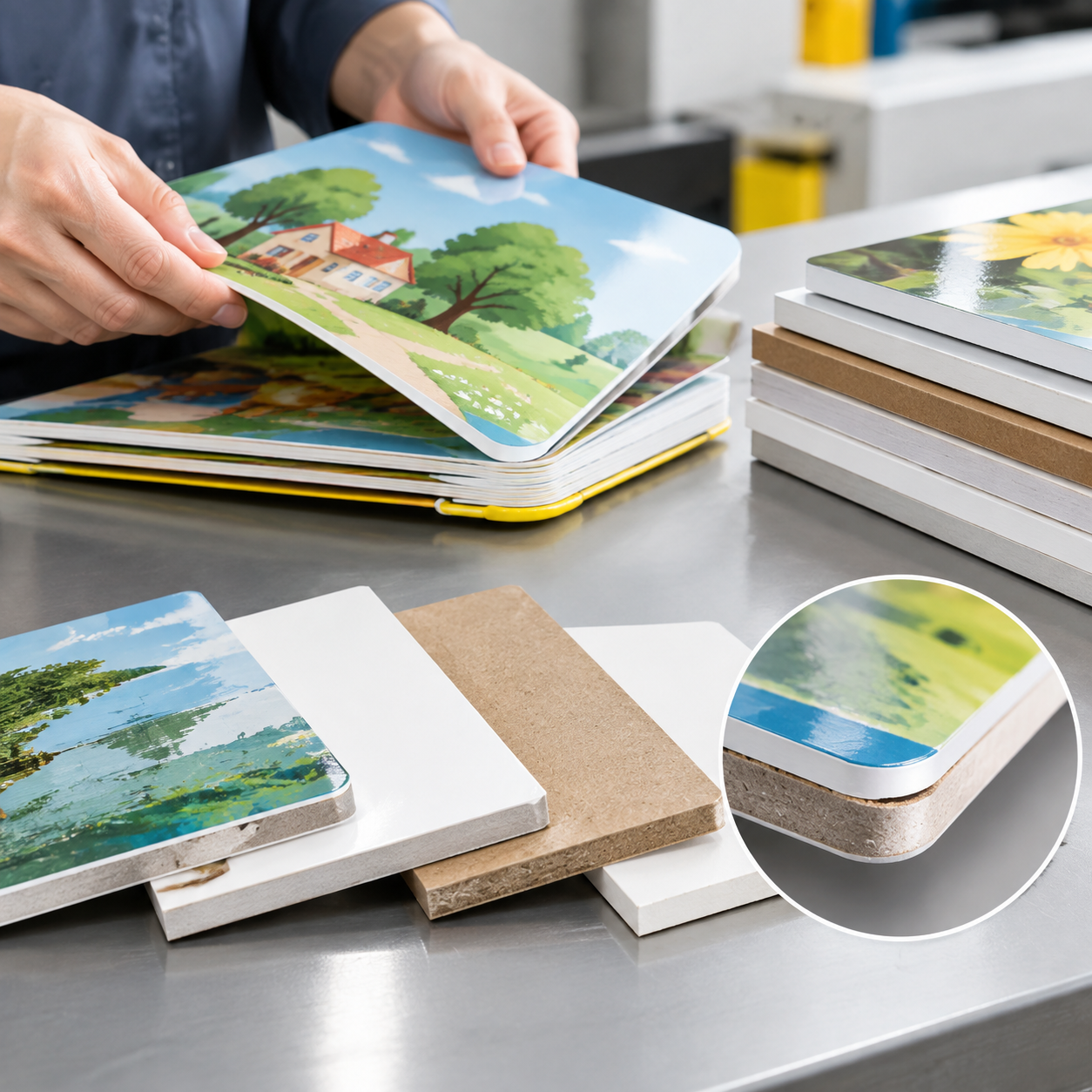 Board book paper, rigid board core, and laminated surface samples