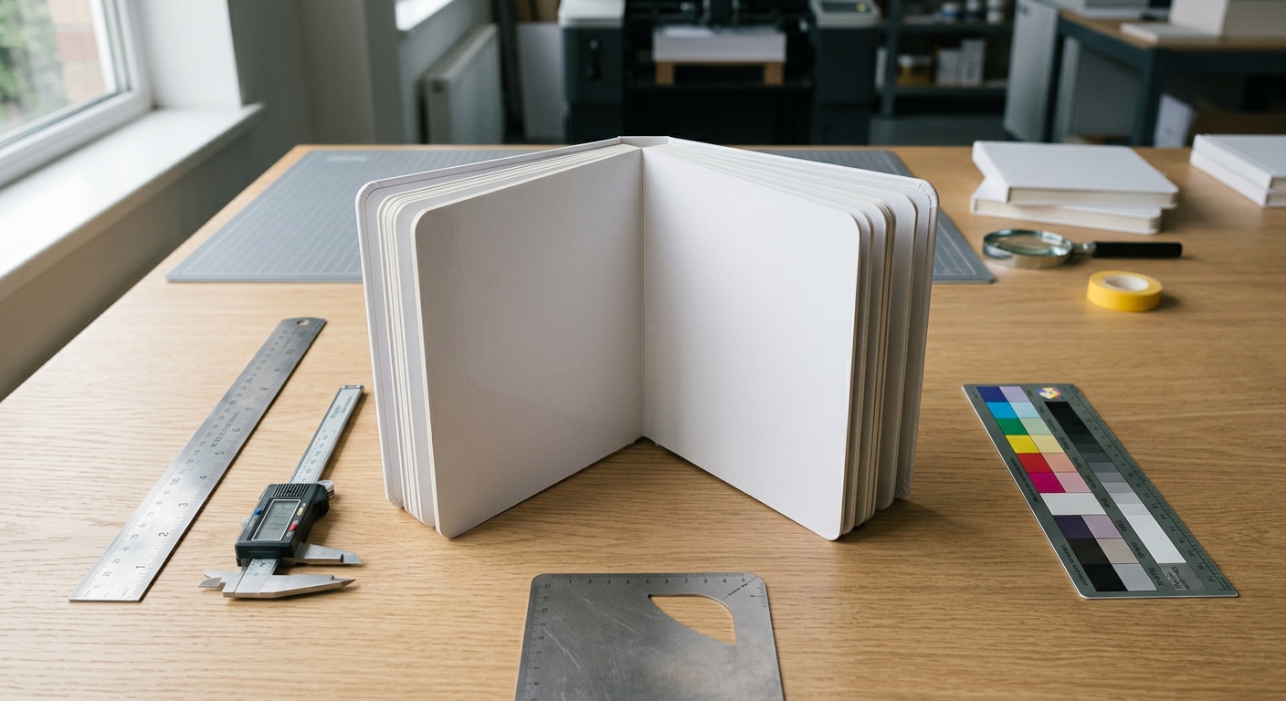 Board book sample with tools for checking finished size, page thickness, and corner radius