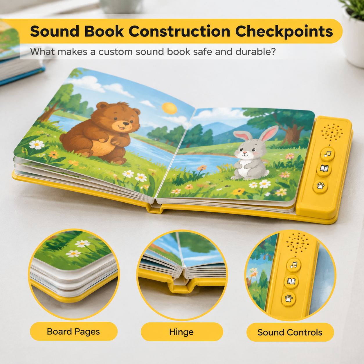 Sound book construction points including board pages, hinge, and sound controls