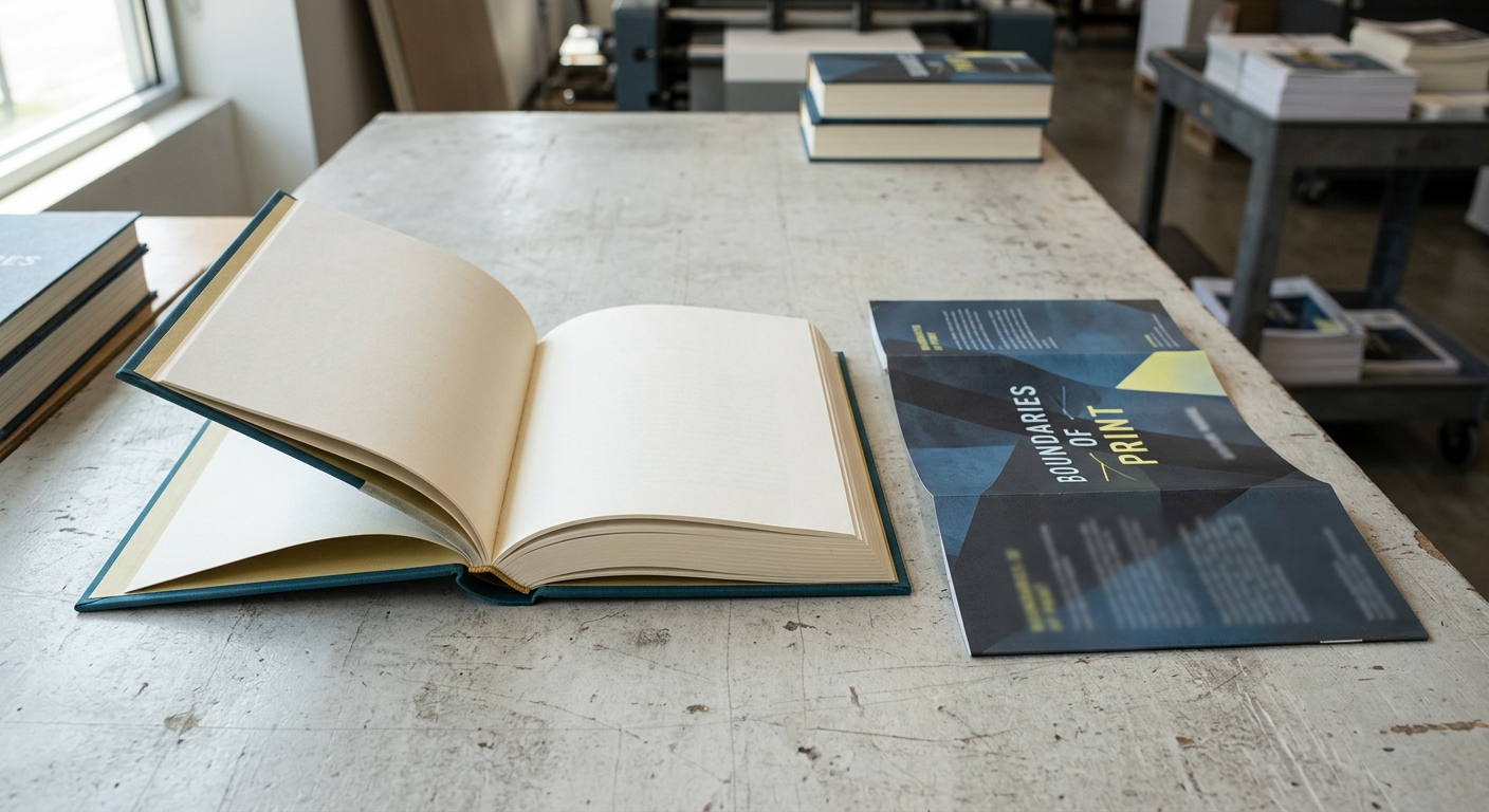 Opened hardcover book showing boards, spine, endpapers, and sewn text block