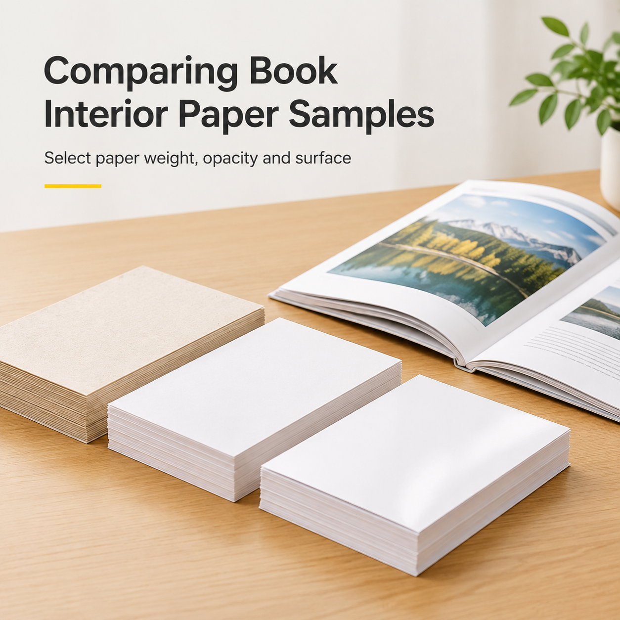 Book interior paper samples comparing coated, white uncoated and natural paper