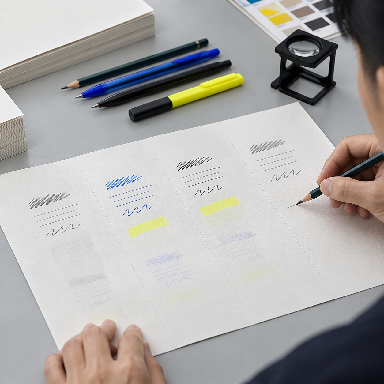 Writing tools tested on uncoated workbook paper samples