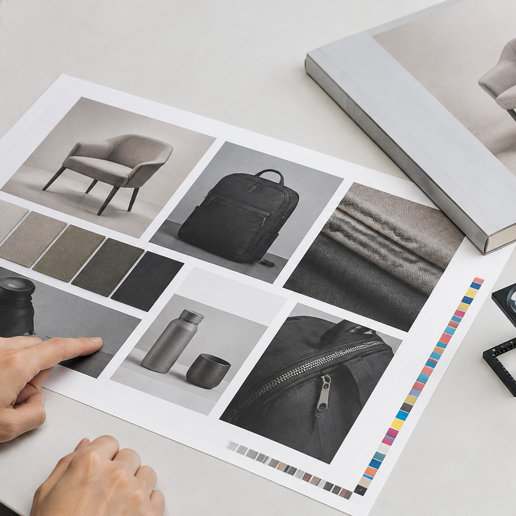 Catalog product-image proof reviewed beside a binding dummy to check color and construction separately.