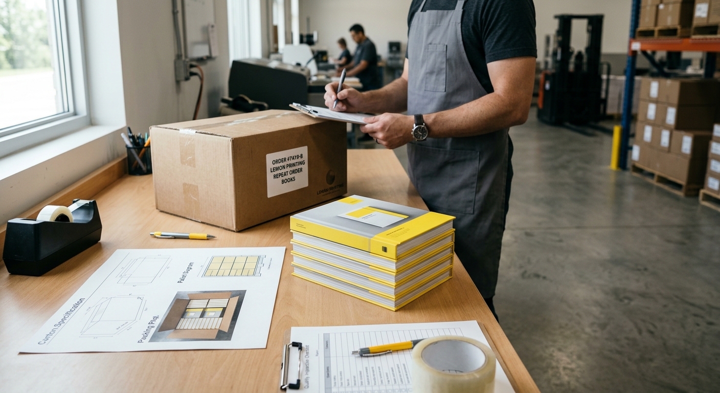 Approved carton and packing specifications for a repeat printing order
