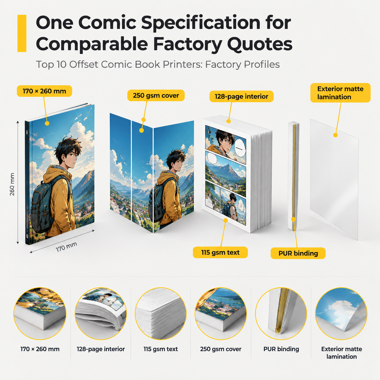 Illustrated benchmark comic with a 128-page interior, separate coated cover, and PUR perfect binding.