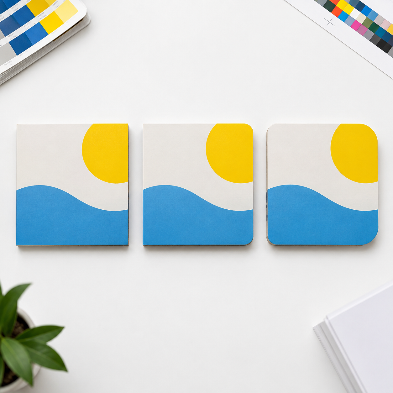 Board book samples comparing small, medium, and large corner radii