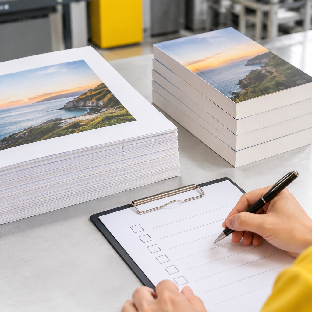 Small batch paperback printing samples beside a finished-book MOQ checklist