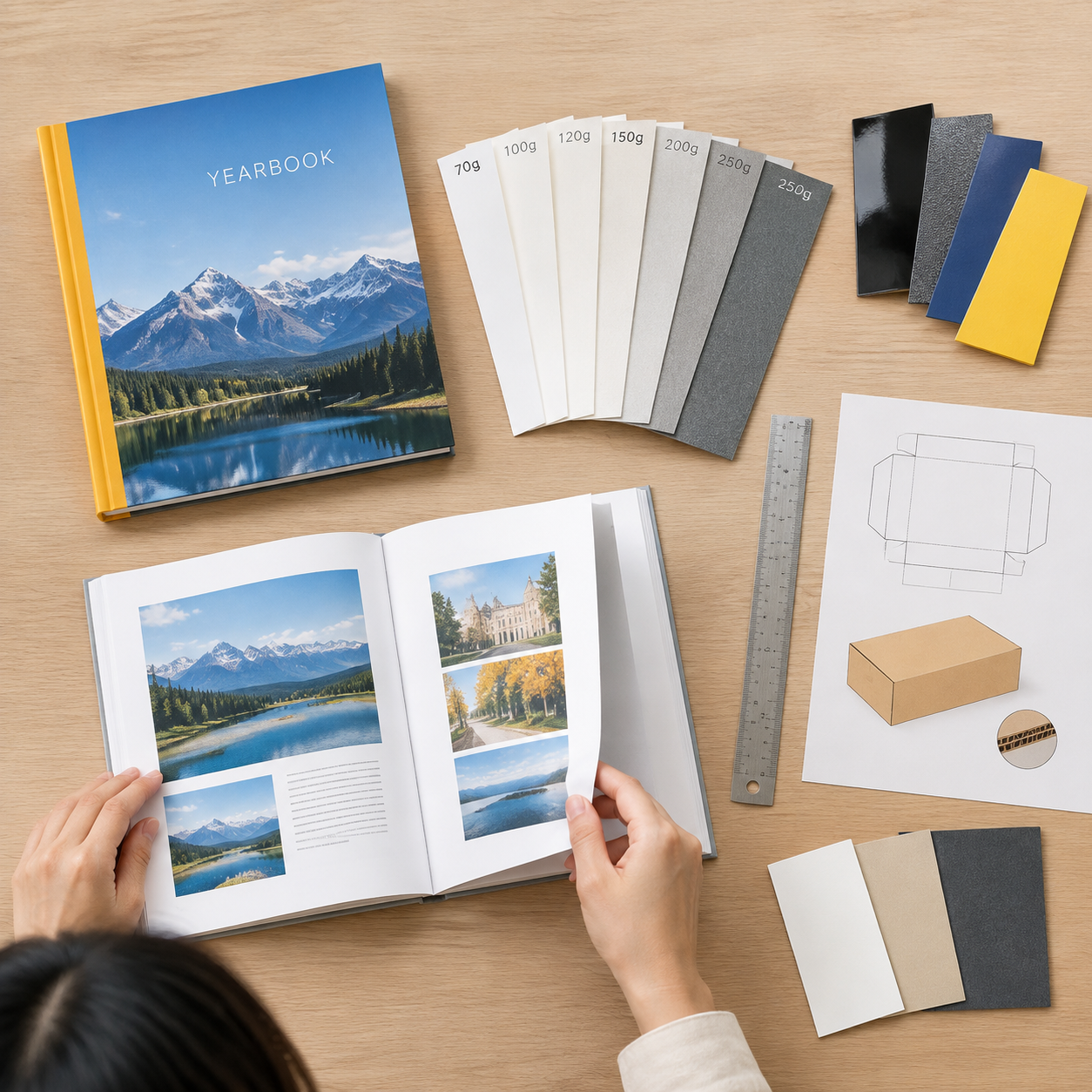 Yearbook samples, paper swatches and specifications used to compare printing cost factors