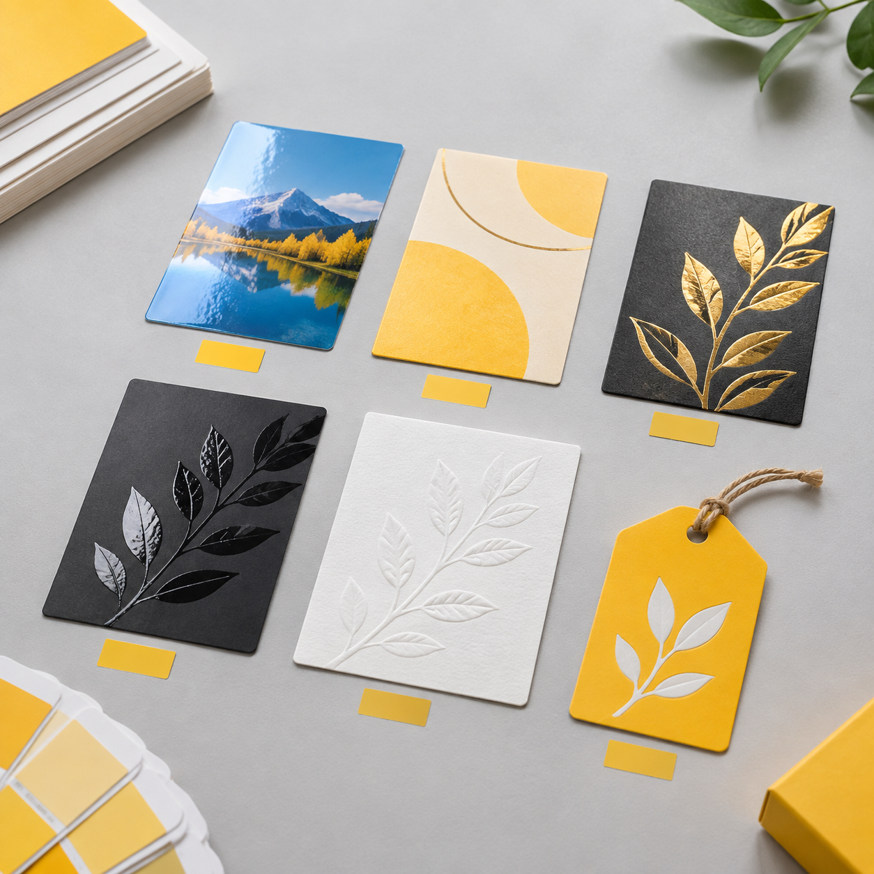 Card samples showing protective, decorative and structural printing finishes
