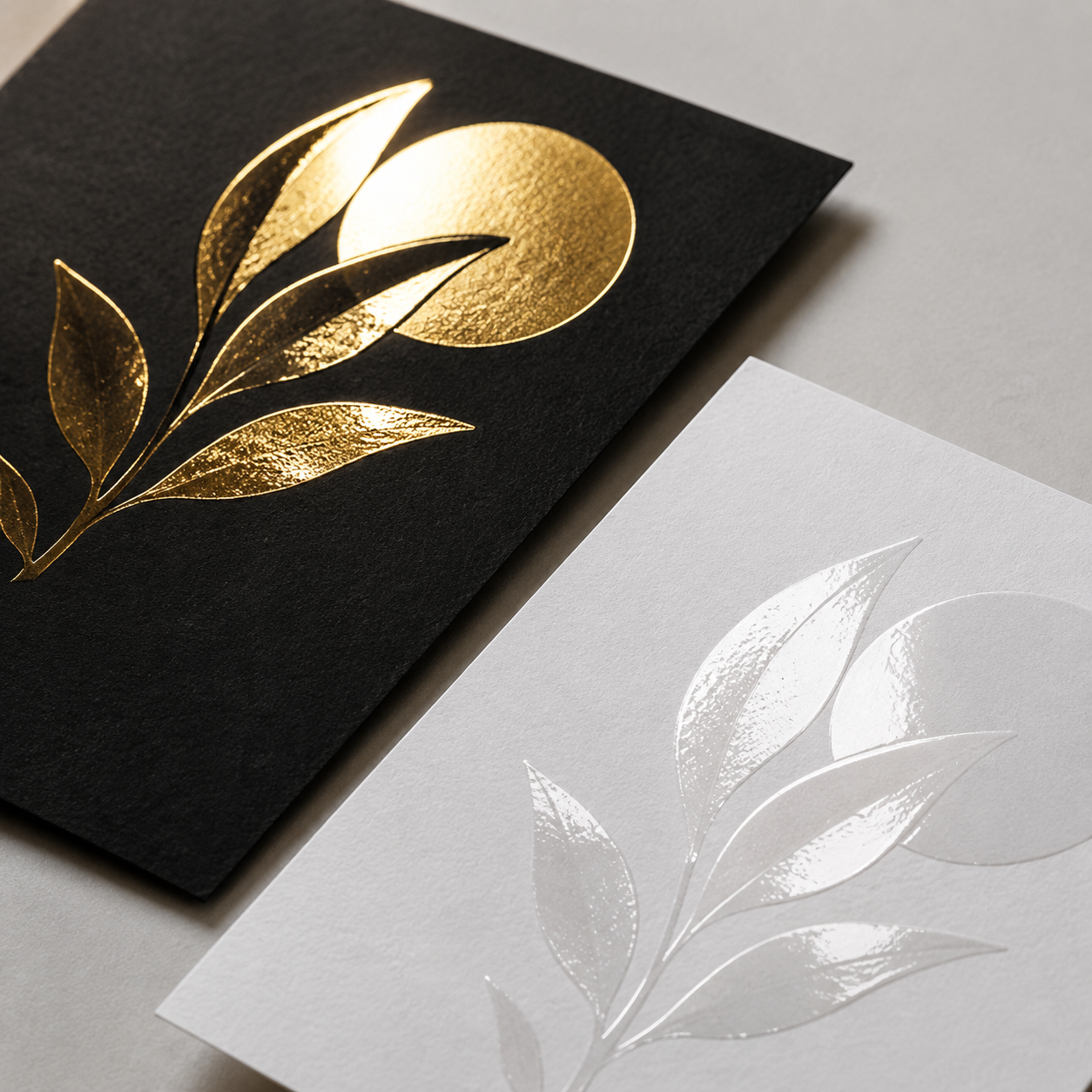 Close-up of foil stamped cards and spot UV cards under angled light