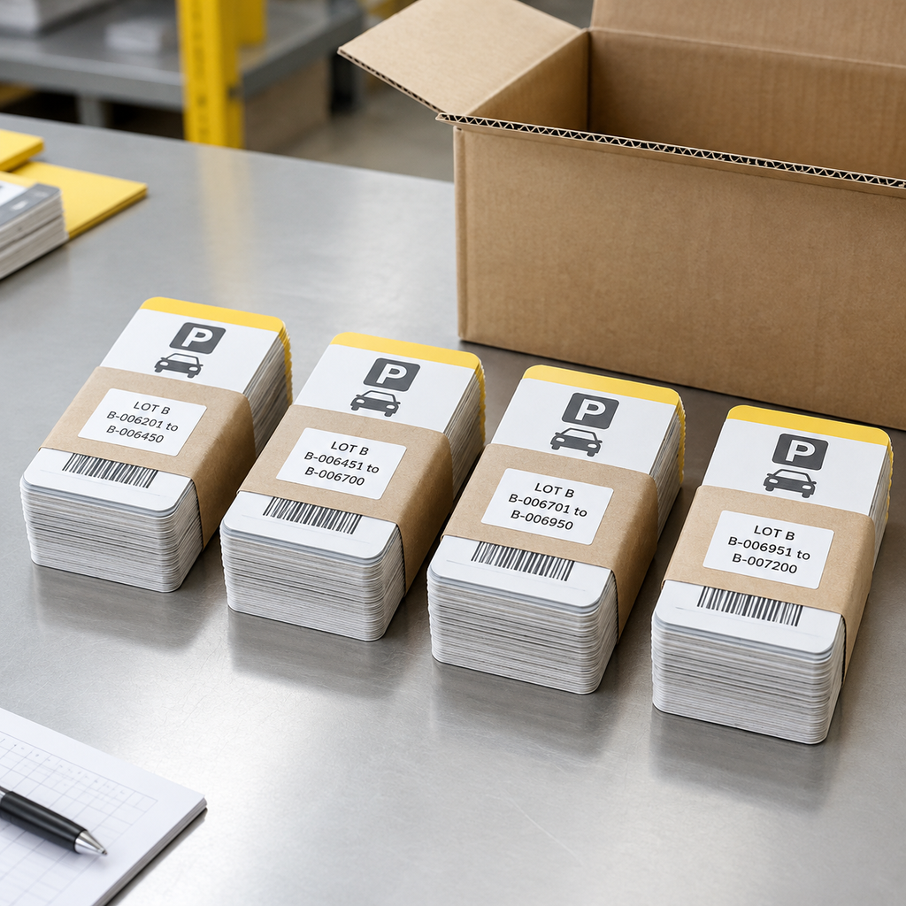Illustrative bundles of serialized parking permits labeled by lot and separate number ranges.