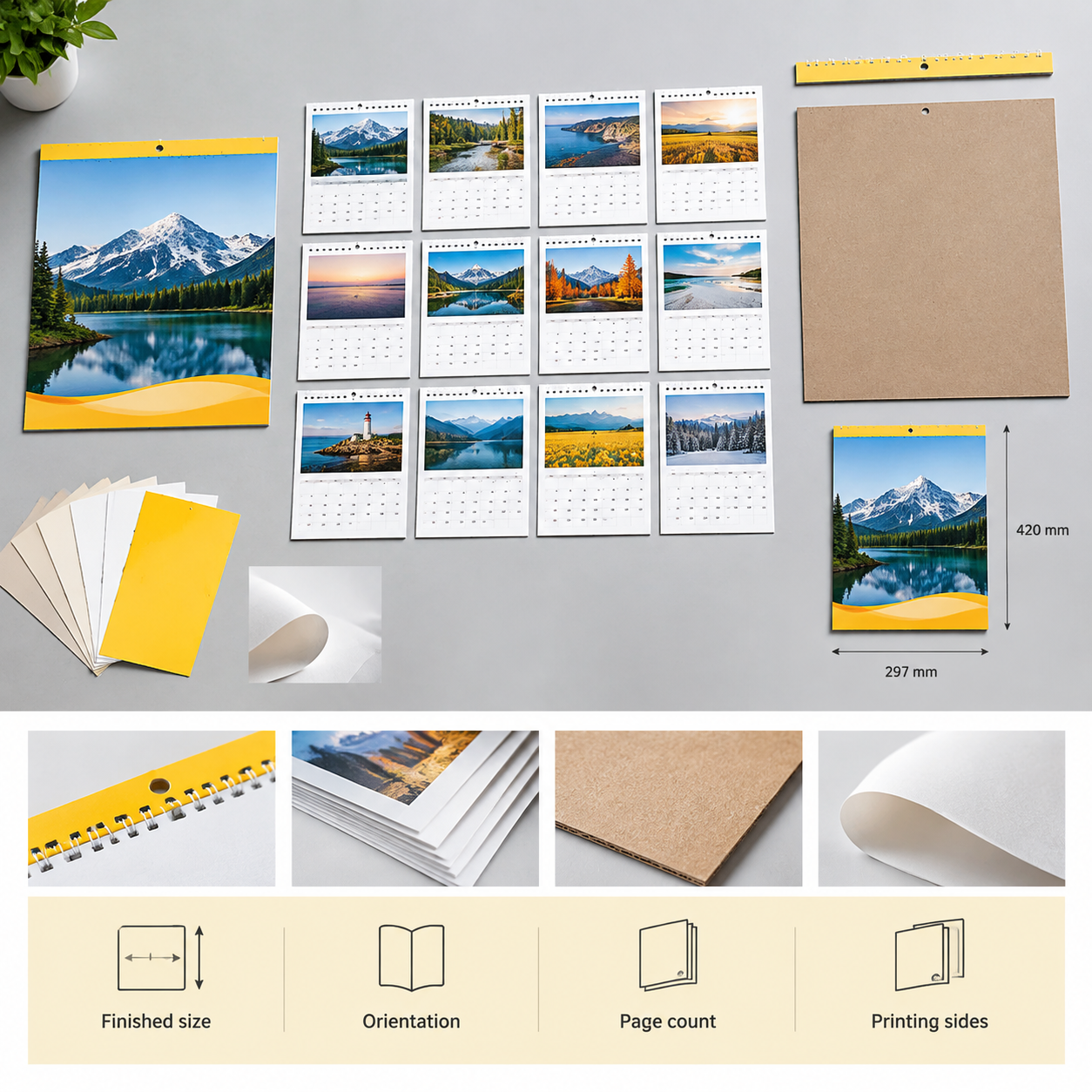 Wall calendar sheets, cover, backing board, and finished-size specification
